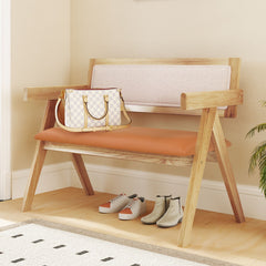 Rubber Wood Dining Bench with Armrest and Sherpa Upholstered Backrest-Natural