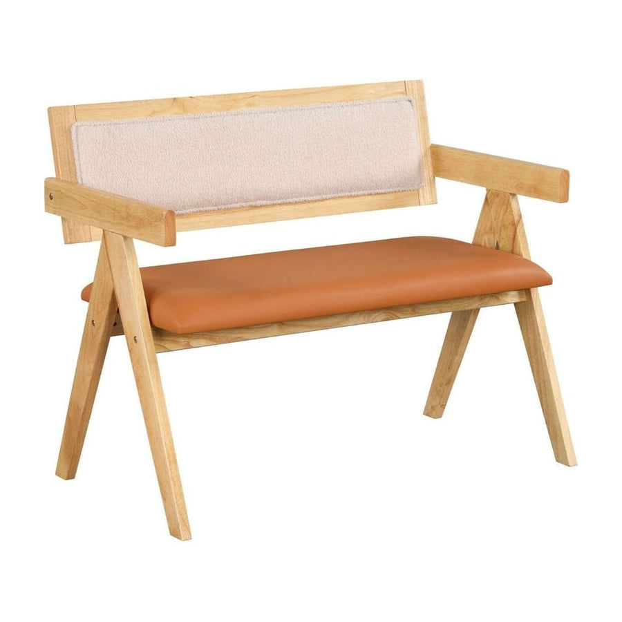 Rubber Wood Dining Bench with Armrest and Sherpa Upholstered Backrest-Natural