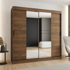 Rubino T1 Sliding Door Wardrobe 200cm in a dark wood finish with two central mirrored doors