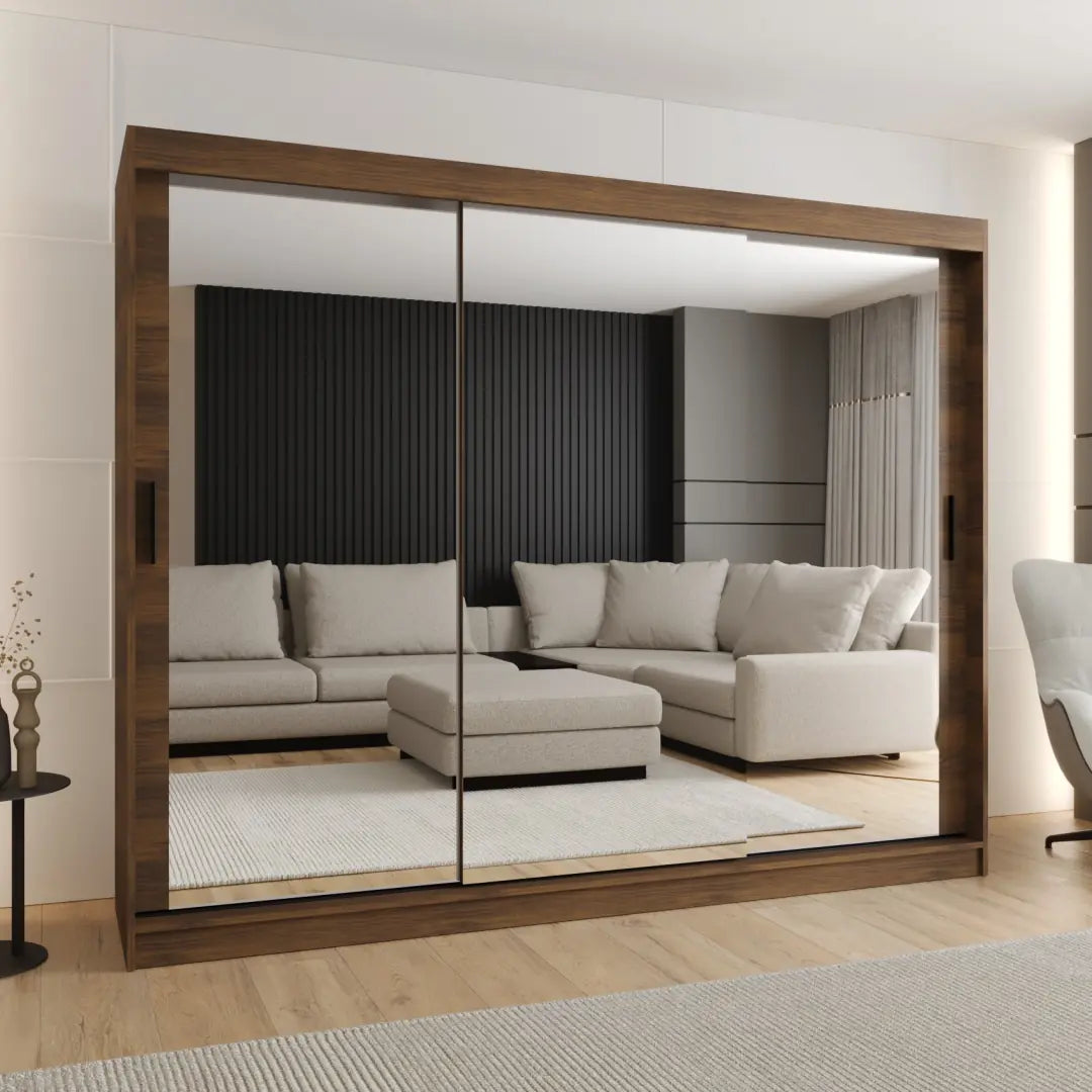 Rubino T3 Sliding Door Wardrobe 250cm with mirrored doors in a modern living room setting