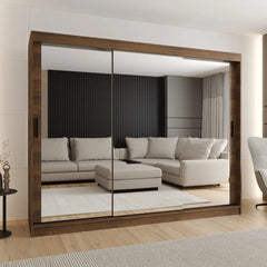 Rubino T3 Sliding Door Wardrobe 250cm with mirrored doors in a modern living room setting