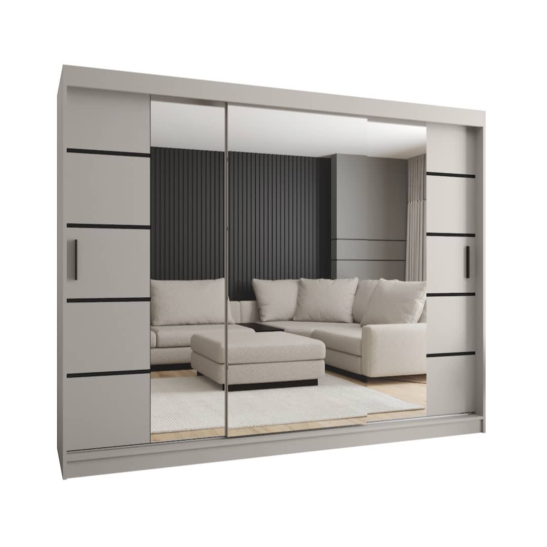Sliding door wardrobe in a light grey finish
