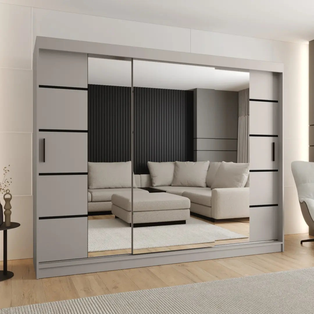 Sliding door wardrobe in a light grey finish with mirrored doors