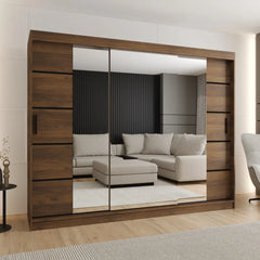Rubino V4 Sliding Door Wardrobe 250cm with mirrored doors reflecting a living room setting