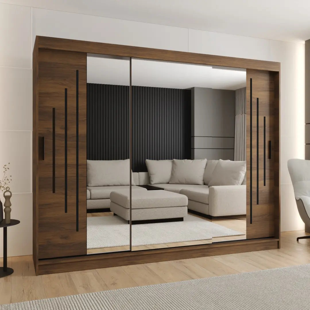 Rubino Y2 Sliding Door Wardrobe 250cm with mirrored doors and dark wood effect frame