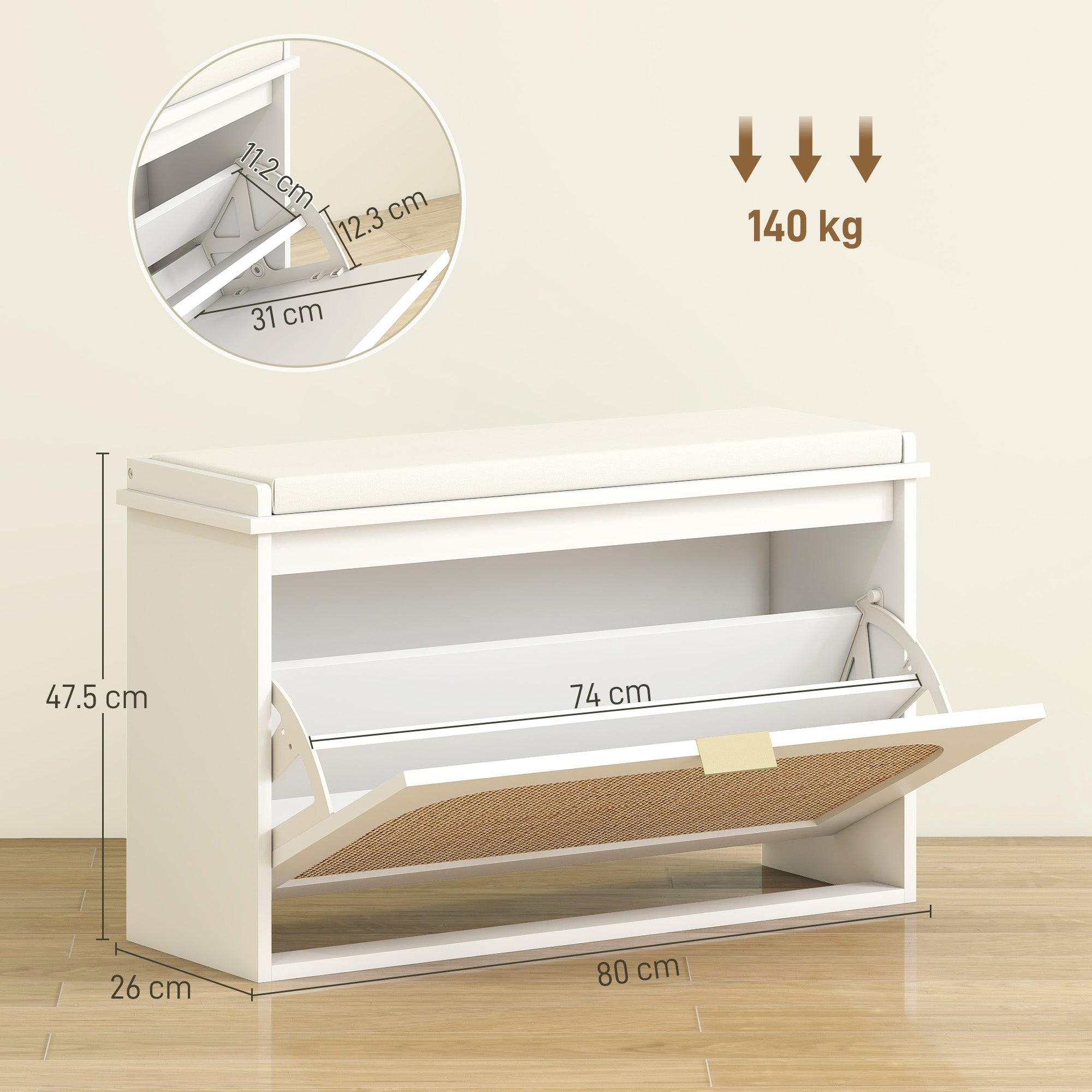 HOMCOM Boho Shoe Bench with Padded Seat and Flip-Drawer - White