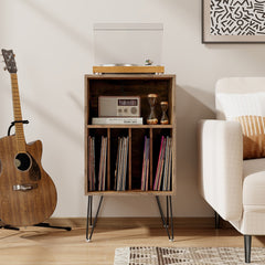 3-Tier Record Player Stand with Charging Station Shelf and 4 Dividers-Rustic Brown