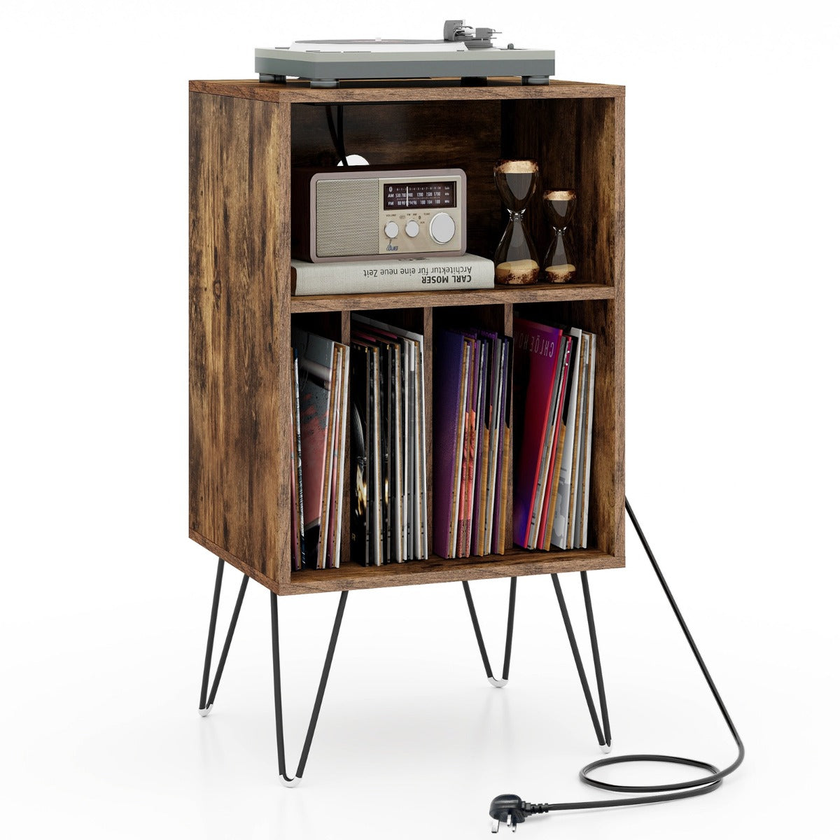 3-Tier Record Player Stand with Charging Station Shelf and 4 Dividers-Rustic Brown