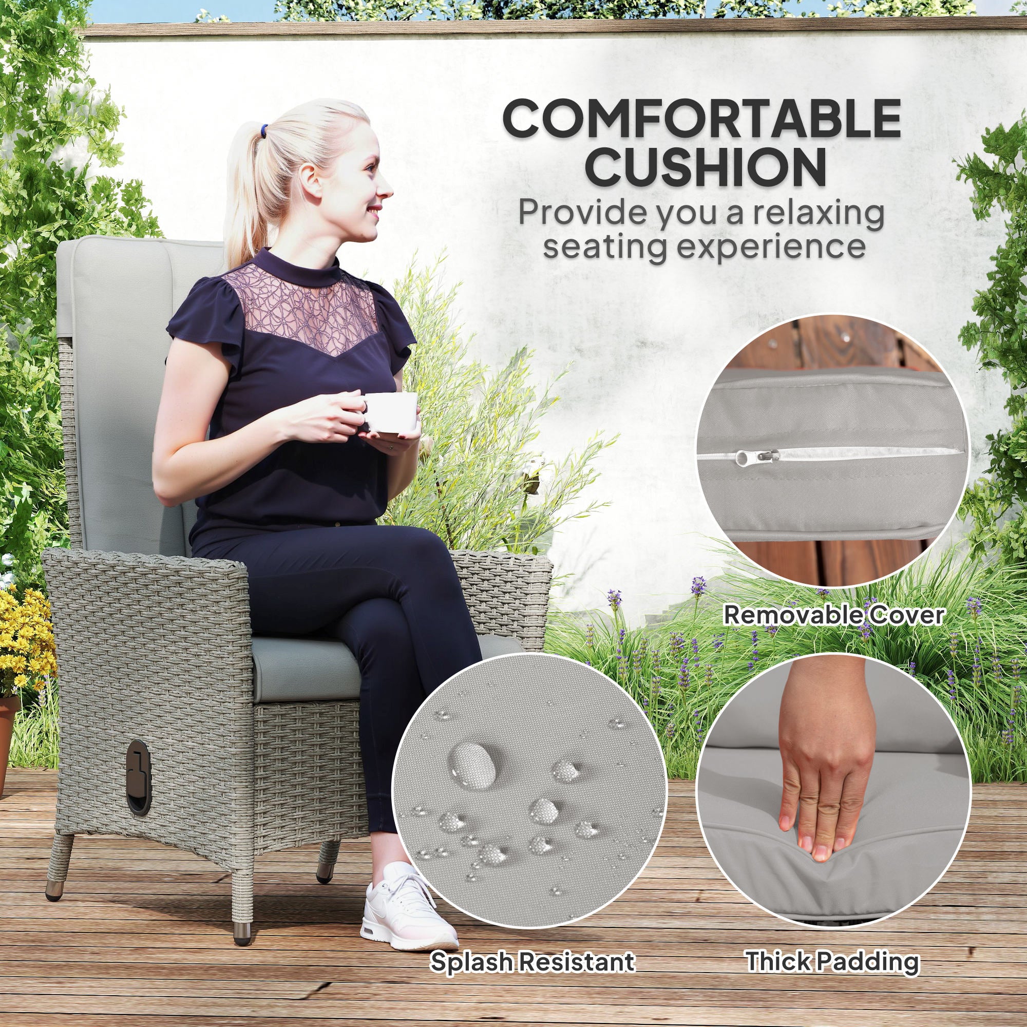 Outsunny 105√Ç¬∞-150√Ç¬∞ Reclining Rattan Chair - Grey