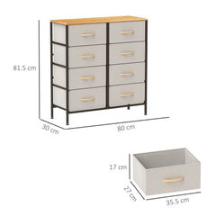 HOMCOM Fabric Chest of Drawers, Industrial Bedroom Dresser with 8 Fabric Drawers, Steel Frame and Wooden Top for Nursery, Living Room, Hallway, Cream White