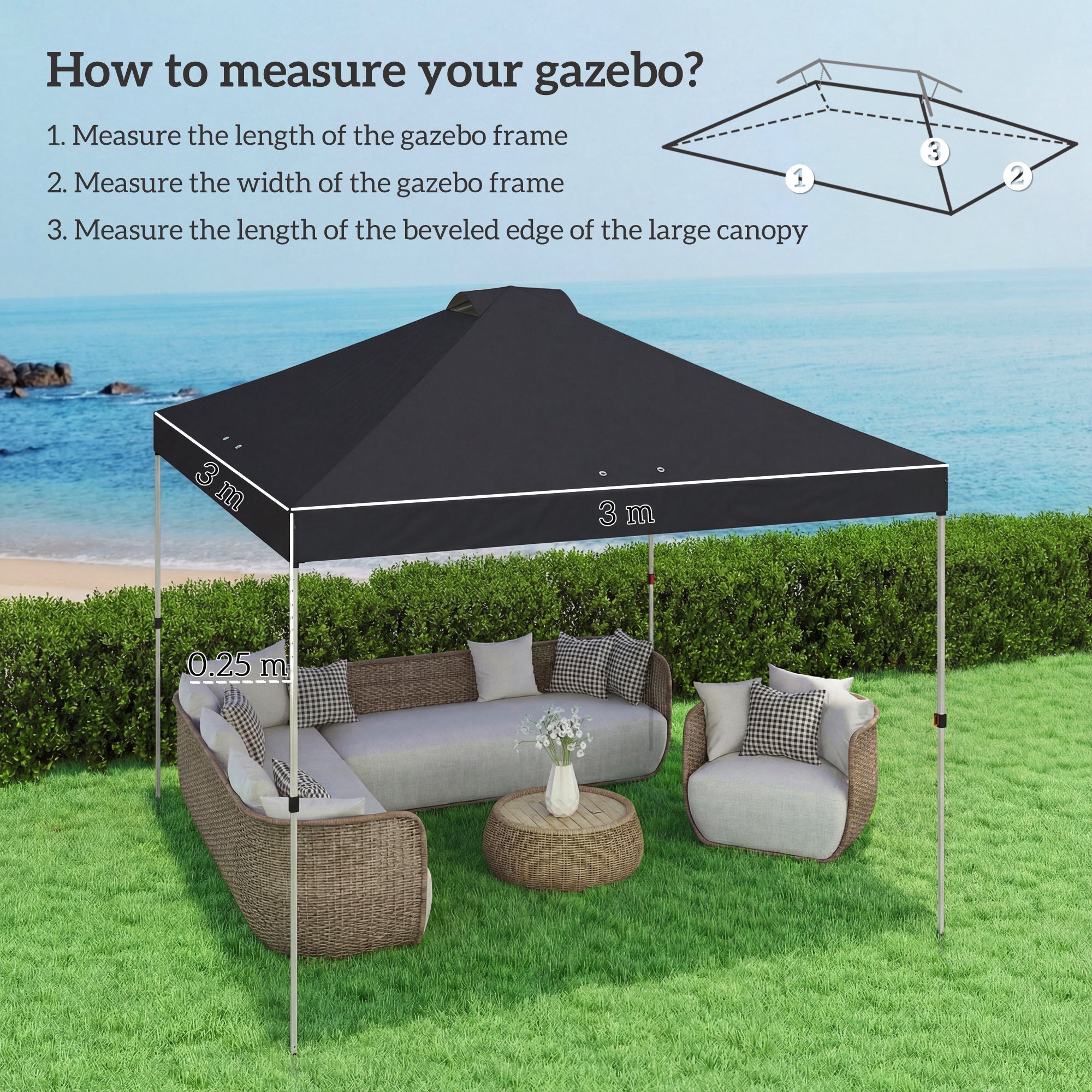 Outsunny gazebo roof replacement UV50+ Waterproof Pop Up Canopy Cover with 8 Drainage Holes 3 x 3 m Black