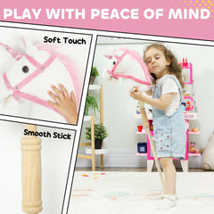 AIYAPLAY Unicorn Stick Horse with Wood Wheels, Real Pony Neighing and Galloping Sounds, Grip Handle, 95 cm, White