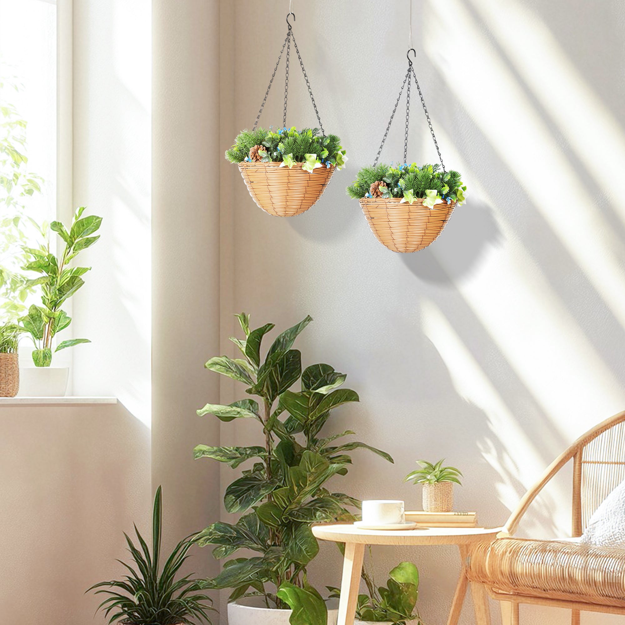 HOMCOM Artificial Flowers in Basket Set of 2, Artificial Hanging Baskets with PE Leaves, 18 Flowers and 3 Pinecones in Pot, Decorative Faux Plant for Home Office Decor, Green