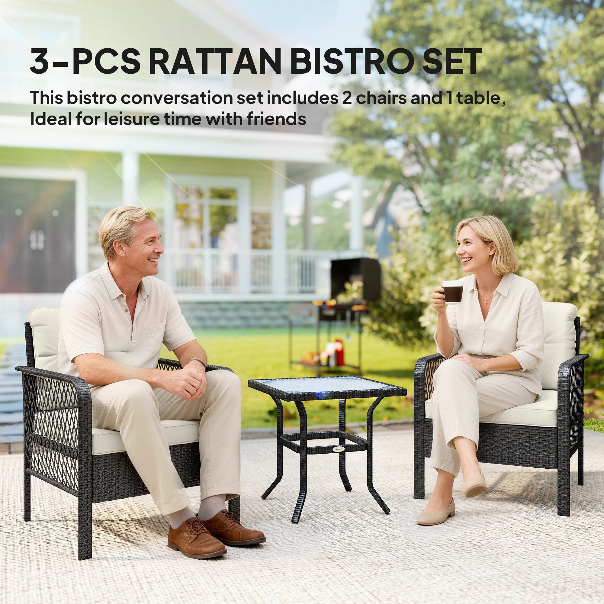 Outsunny 3 Pieces Rattan Bistro Set with Glass Top Coffee Table, Chairs and Cushions for Outdoor, Patio, Balcony, Cream