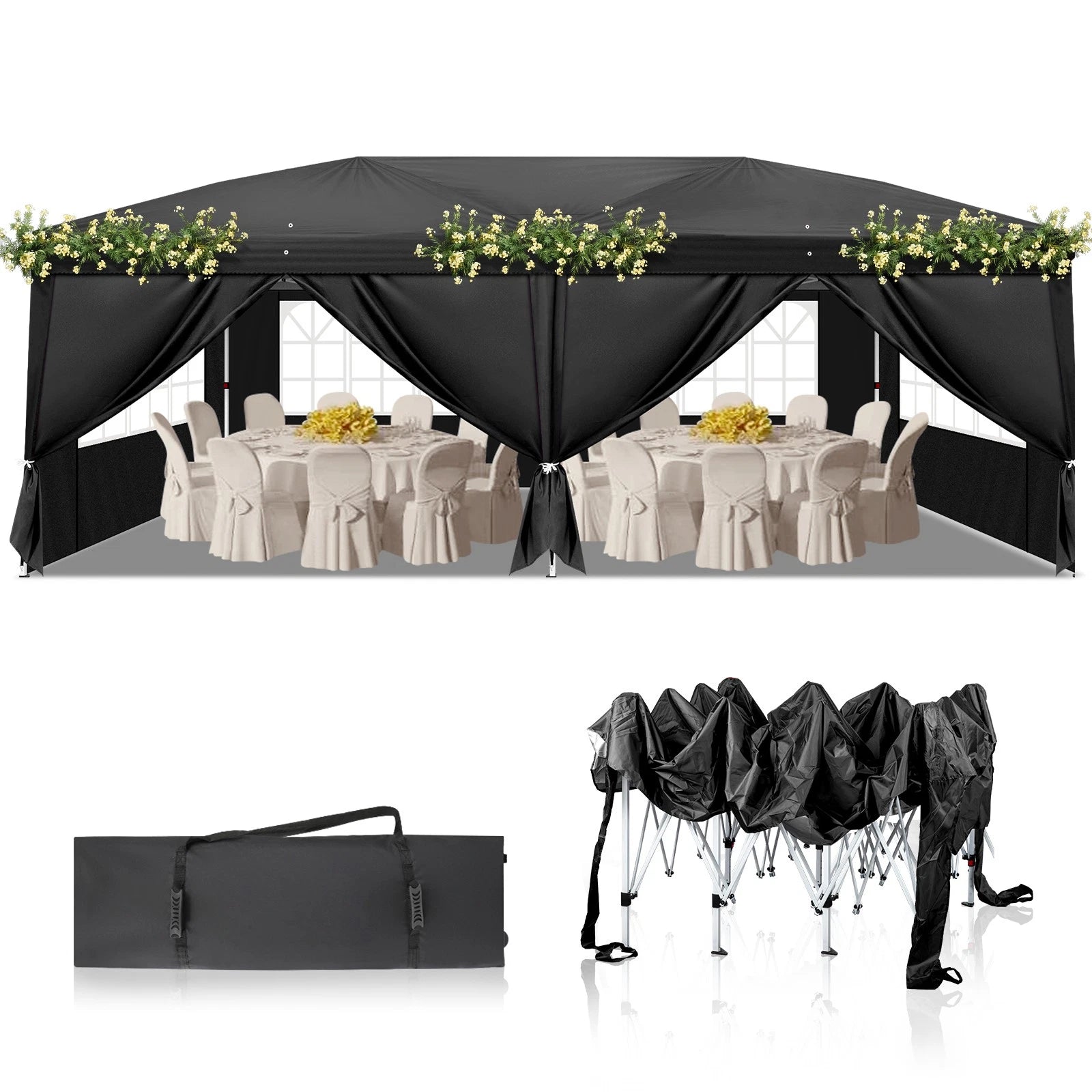 6m x 3m Garden Heavy Duty Pop Up Gazebo Marquee Party Tent Wedding Canopy Black