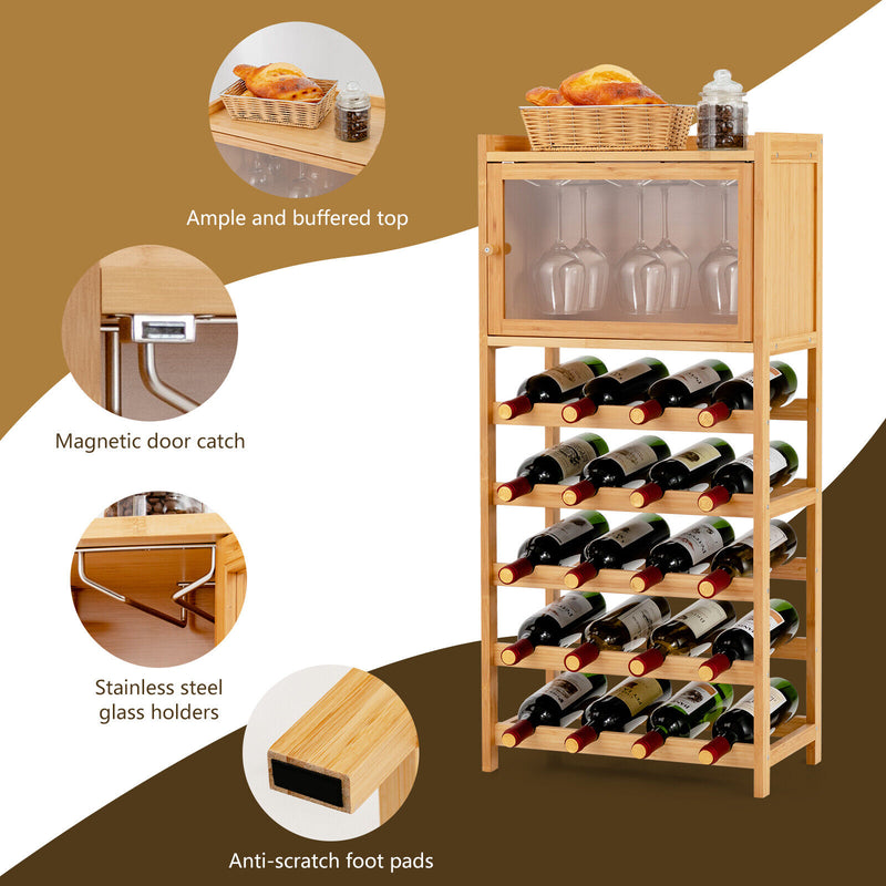 20-Bottle Bamboo Wine Rack Cabinet Freestanding Wine Display Cupboard Shelf