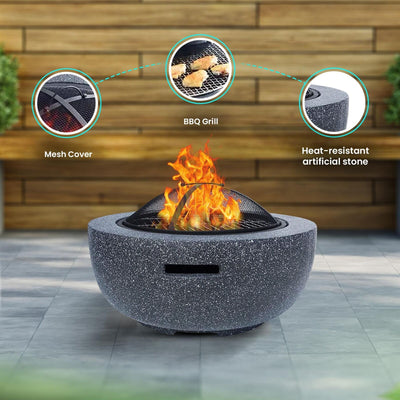 Outdoor Fire Pit Large Round Fire Bowl 3 in 1 BBQ Grill Cooking Granite Effect