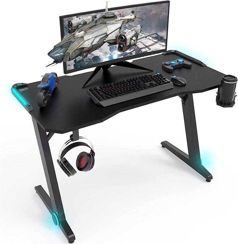 LED Ergonomic Gaming Desk Computer Table with Cup Holder Cable Management Black