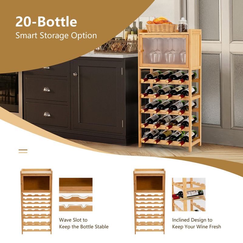 20-Bottle Bamboo Wine Rack Cabinet Freestanding Wine Display Cupboard Shelf