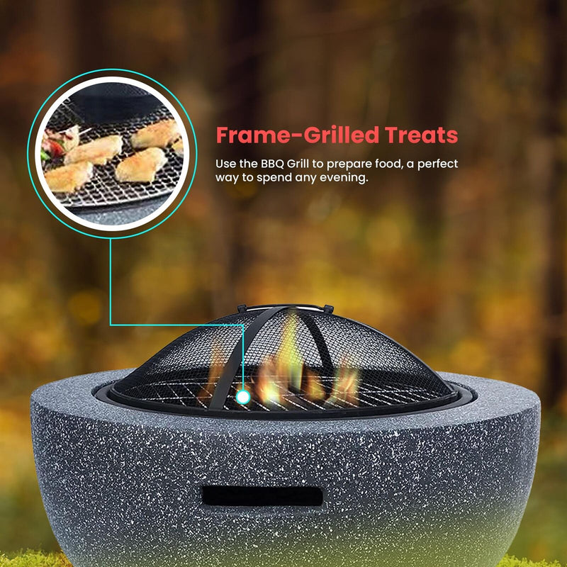 Outdoor Fire Pit Large Round Fire Bowl 3 in 1 BBQ Grill Cooking Granite Effect