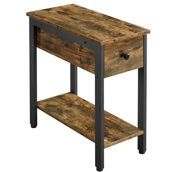 2-Tier Industrial End Table Narrow Side Table Rustic Nightstand for Small Spaces