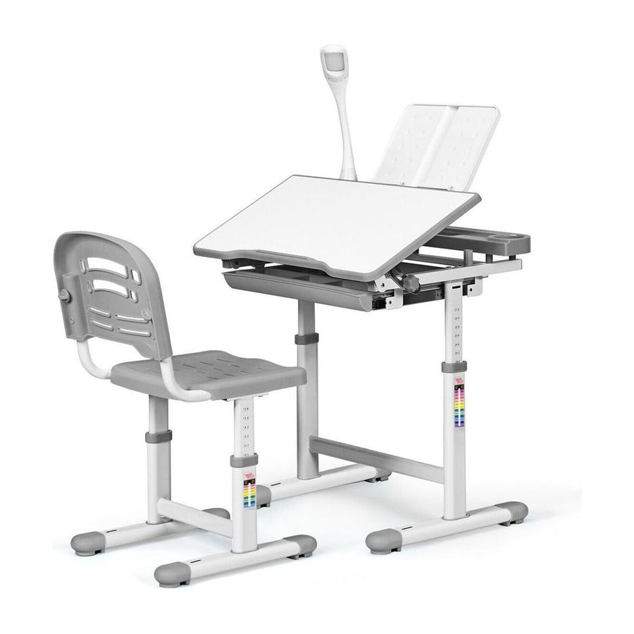 Height Adjustable Kids Study Desk Table Chair Set with Lamp-Grey