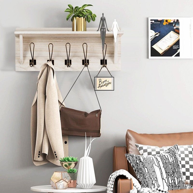 Wall-Mounted Coat Rack Shelf Wooden Hook Rack Entry Display Shelf with 5 Hooks