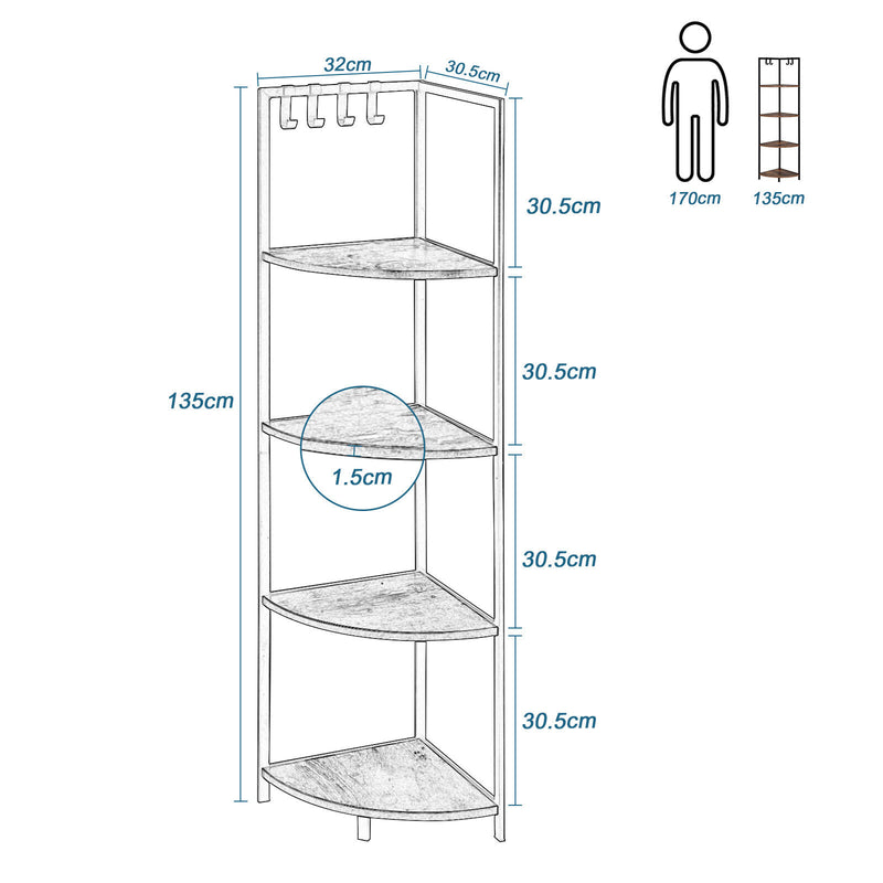 4 Tier Corner Shelf Bathroom Storage Shelving Rack Display Bookshelf with 4 Hook