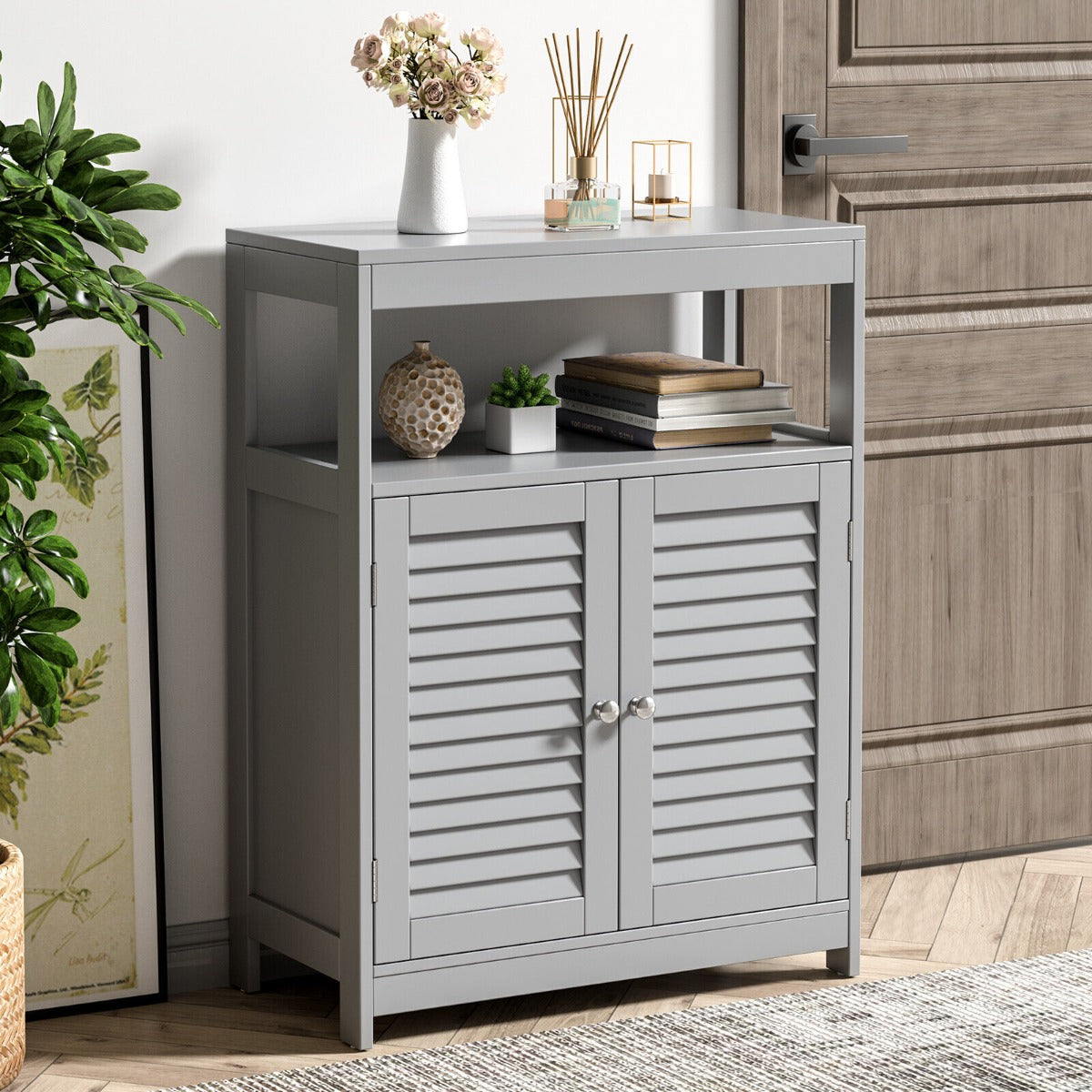 Bathroom Floor Cabinet with Double Shutter Door and Adjustable Shelf-Grey