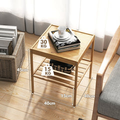 A single bamboo nightstand with dimensions indicated, showing capacity