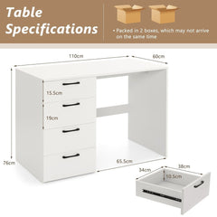 A size diagram of the white office desk showing dimensions and drawer size
