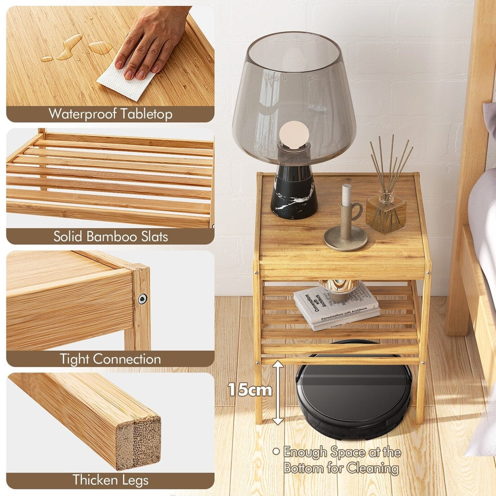 Close up details of the bamboo nightstands, showing construction and features