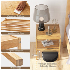 Close up details of the bamboo nightstands, showing construction and features
