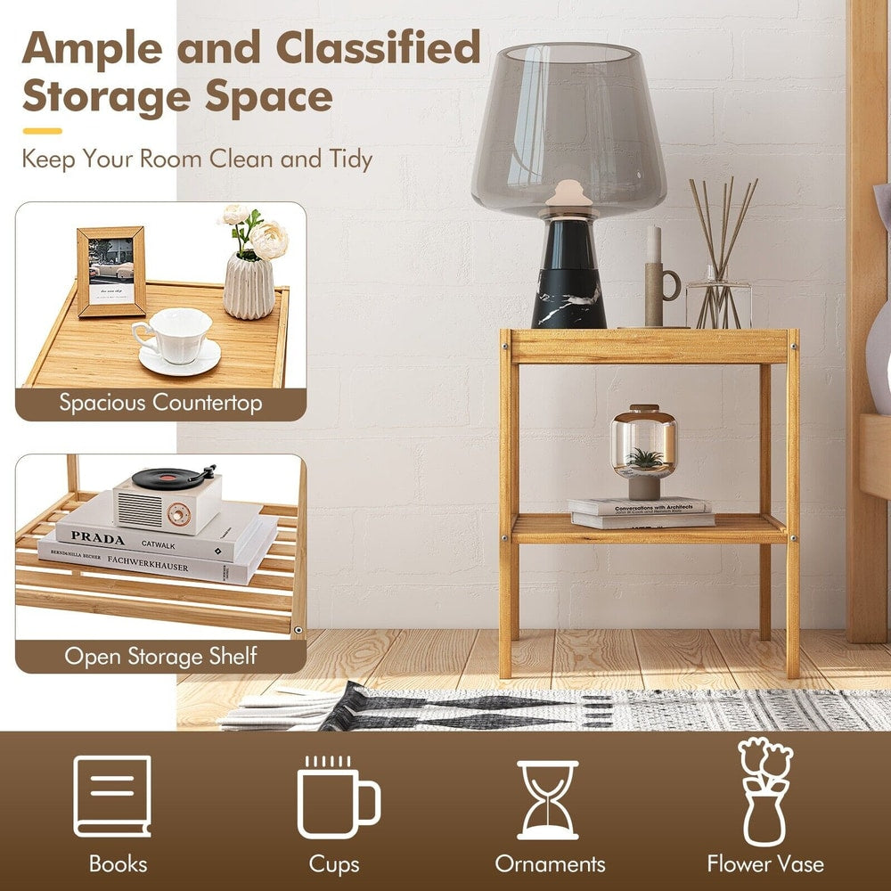 The bamboo nightstands shown with items on shelves, highlighting storage
