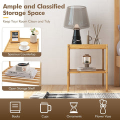 The bamboo nightstands shown with items on shelves, highlighting storage