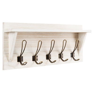 Wall-Mounted Coat Rack Shelf Wooden Hook Rack Entry Display Shelf with 5 Hooks