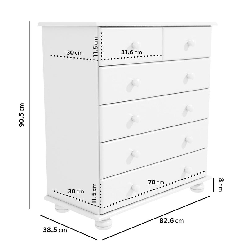 Chest of Drawers White Wooden with 2+4 Drawers Bun Feet Classic Style