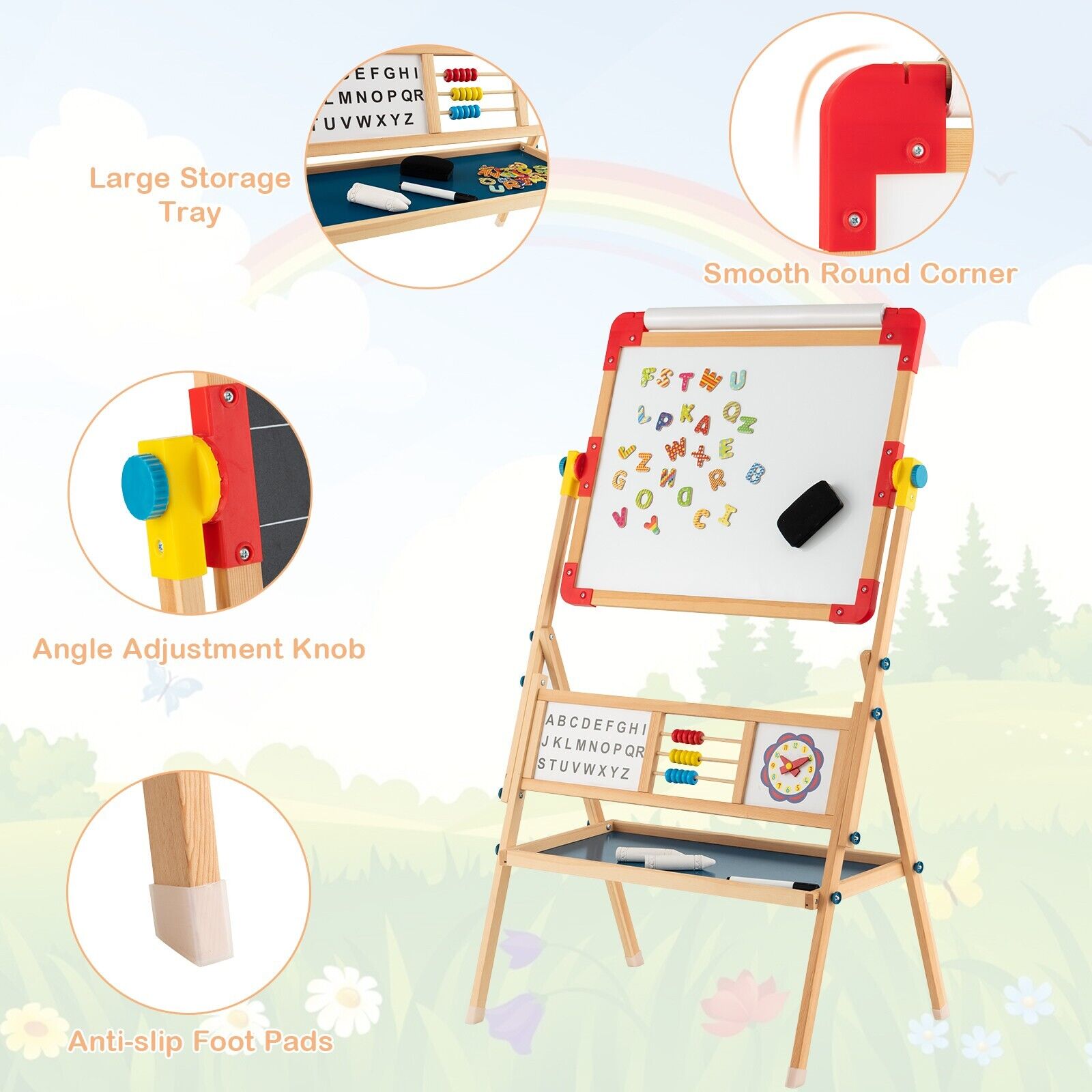 Kids Easel with Paper Roll Double-Sided Whiteboard & Chalkboard Standing  Easel with Numbers and Other Accessories for Kids and Toddlers (with Abacus)