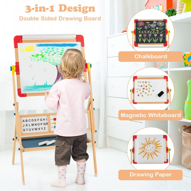 3-in-1 Wooden Kids Art Easel Magnetic Double Sided Easel Blackboard Whiteboard