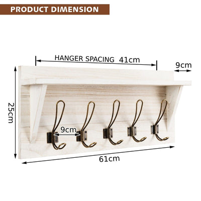 Wall-Mounted Coat Rack Shelf Wooden Hook Rack Entry Display Shelf with 5 Hooks