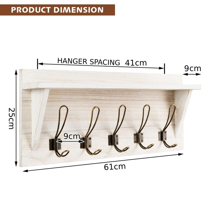 Wall-Mounted Coat Rack Shelf Wooden Hook Rack Entry Display Shelf with 5 Hooks