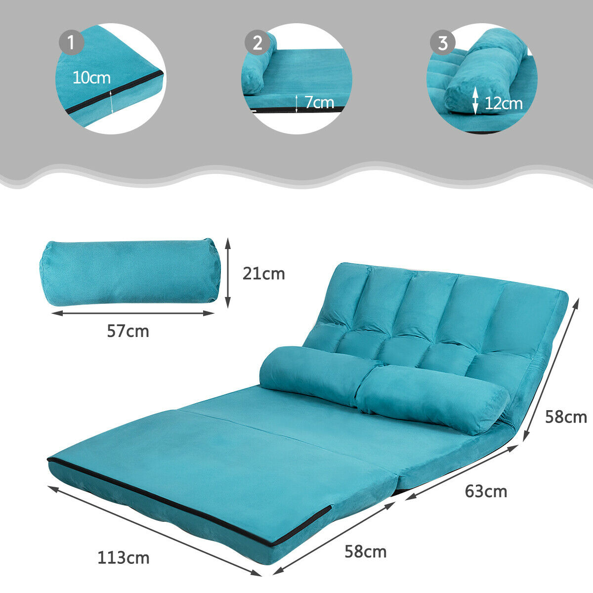 2 in 1 Folding Floor Lazy Sofa Bed with 6 Adjustable Seat Positions and 2 Pillows-Navy