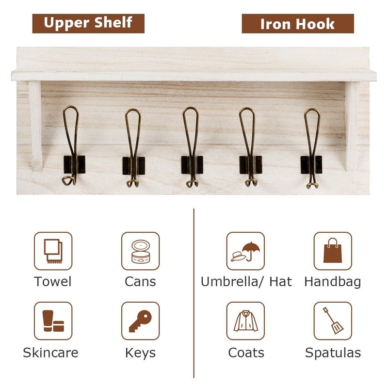 Wall-Mounted Coat Rack Shelf Wooden Hook Rack Entry Display Shelf with 5 Hooks