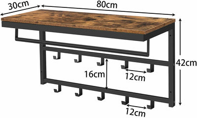 Coat Rack Wall-Mounted Coat 10 Hooks Hanging Rail Entryway Shelf