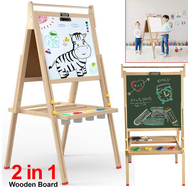 2 in 1 Kids Easel Wooden Blackboard Whiteboard Childrens Drawing Art Chalk Board