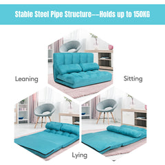 2 in 1 Folding Floor Lazy Sofa Bed with 6 Adjustable Seat Positions and 2 Pillows-Navy