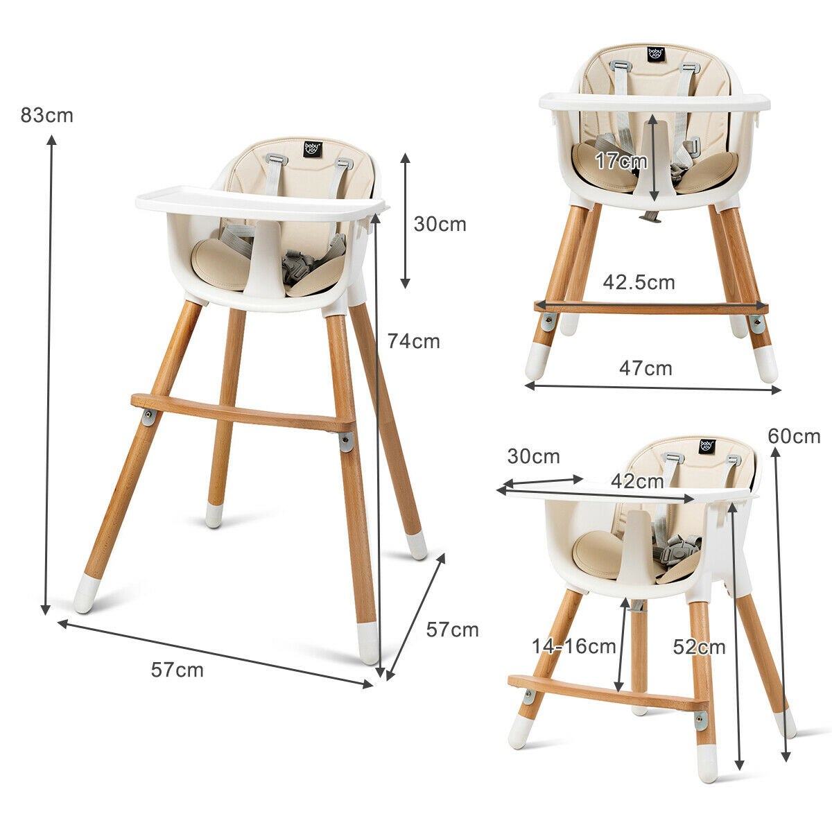 The wooden high chair showing various height and width dimensions