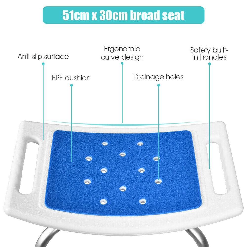 Diagram showing the dimensions and features of the shower stool seat