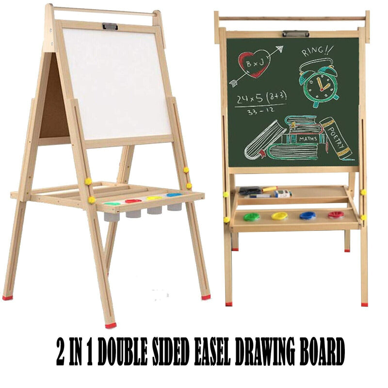 2 in 1 Kids Easel Wooden Blackboard Whiteboard Childrens Drawing Art Chalk Board