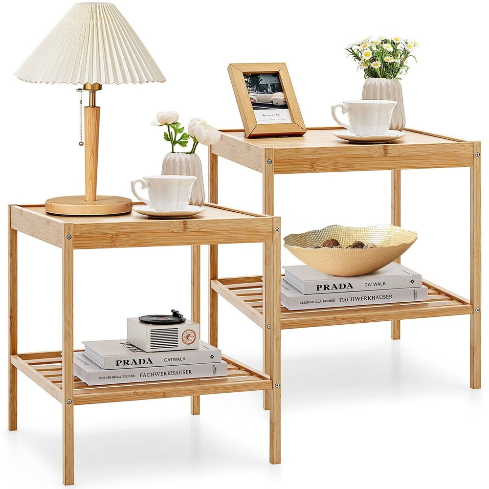 Two natural bamboo nightstands styled with books, cups and ornaments